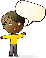 cartoon boy with growth on head with speech bubble
