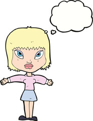 cartoon woman with outstretched arms with thought bubble