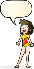 cartoon woman in swimming costume with speech bubble