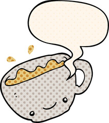 cartoon cup of coffee and speech bubble in comic book style