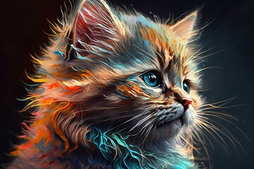 Art portrait of a close-up realistic little cute kitten with bright paint isolated on clean background. Generative AI