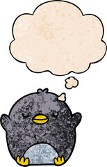 cartoon penguin and thought bubble in grunge texture pattern style