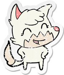 distressed sticker of a happy cartoon fox