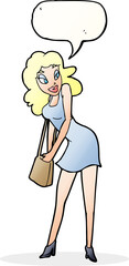cartoon woman looking in handbag with speech bubble