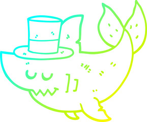 cold gradient line drawing cartoon shark wearing top hat
