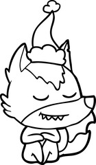 friendly line drawing of a wolf sitting wearing santa hat