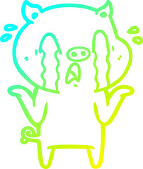 cold gradient line drawing crying pig cartoon