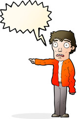 cartoon terrified man pointing with speech bubble