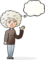 cartoon annoyed old woman waving with thought bubble