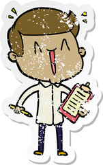 distressed sticker of a cartoon happy man