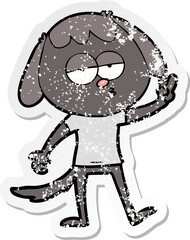 distressed sticker of a cartoon tired dog giving peace sign