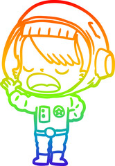 rainbow gradient line drawing cartoon astronaut woman explaining