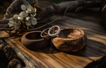 The Rings Placed On A Rustic Wooden Bench During The Ceremony. Generative AI