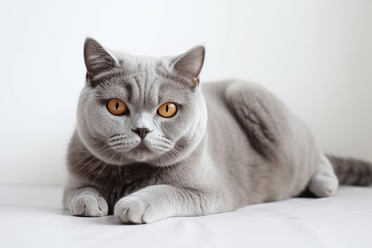 Scottish Straight Cat On White Background. Generative AI