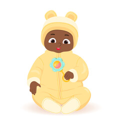 Obraz premium Cute African American baby sitting and hold teething toy. Flat vector cartoon design