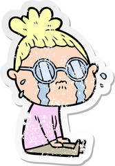 distressed sticker of a cartoon crying woman wearing spectacles
