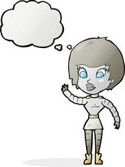 cartoon robot woman waving with thought bubble