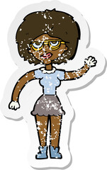 retro distressed sticker of a cartoon waving woman wearing spectacles