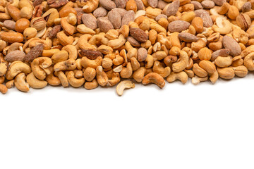 A group of almonds, pistachios, walnuts, macadamia, cashews.
