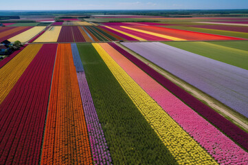 An aerial view of geometric, multi-colored fields of blooming tulips or lavender, creating a stunning patchwork landscape under a clear sky