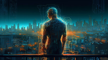 Digital composite of Silhouette of man and city with digital interface.generative ai
