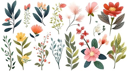 A collection of colorful spring flowers with floral branches, leaves, and foliage. Isolated on a white background. Generative AI