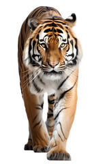 Fototapeta premium an isolated bengal tiger front view, walking towards, stalking prey, fierce jungle-themed photographic illustration on a transparent background in PNG, Generative AI