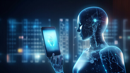 Robot humanoid using laptop in office.generative ai