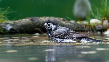 White wagtail, Motacilla alba bathes in the water of a bird watering hole. Czechia. 