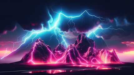 Fototapeta na wymiar Abstract landscape background with glowing neon bolt symbol. Generative Ai