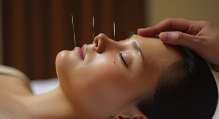 Acupuncture session with a woman and needles poster - Fictional Person, Generative AI - obrazy, fototapety, plakaty