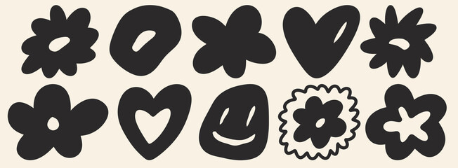 Hand drawn doodle abstract aesthetic shapes symbols flowers hearts smiley face illustration vector set banner wallpaper background pattern design neutral black gray colour isolated background © Alice Makes