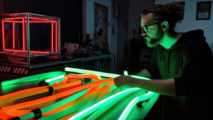 A neon sign maker working on neon tubes poster with copy space - Fictional Person, Generative AI - obrazy, fototapety, plakaty