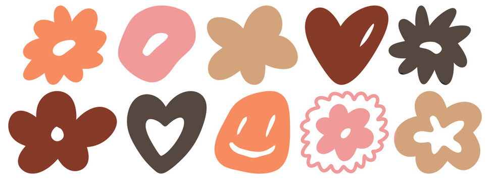 Hand drawn doodle abstract aesthetic shapes symbols flowers hearts smiley face illustration vector set banner wallpaper background pattern design neutral brown beige pink colour transparent background