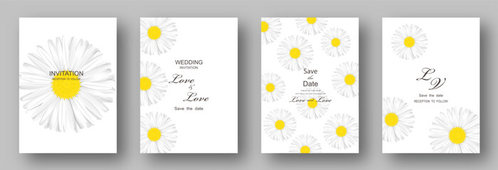 Wedding invitation with chamomile flowers, isolated on white. Vector illustration.
