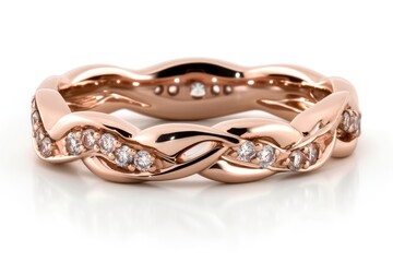 A Rose Gold Band With A Twisted Design And Scattered Diamond Accents on a white background. Generative AI