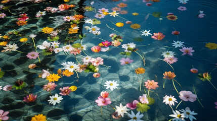 A lot of colorful flowers floating on transparent water in swimming pool, summer floral composition with sun and shadow. Generative AI