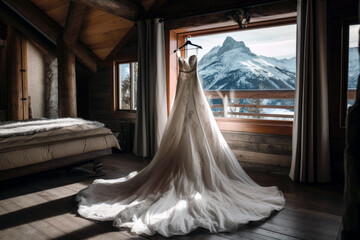 A Wedding Dress Hanging On A Hanger In A Cozy Ski Chalet With A Roaring Fireplace And Snowy Mountain Views. Generative AI