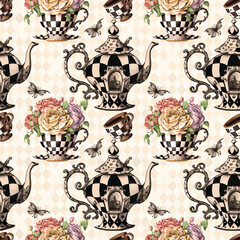 Alice in Wonderland cute watercolor objects set seamless pattern AI generated - 586692518