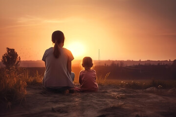 On mothers day, mother and daughter sit on the beach at sunset. Fictional person created with generative AI.