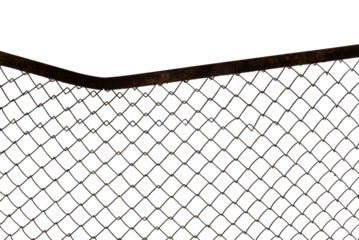 The texture of the metal mesh. Torn, destroyed, broken metal mesh on a white background