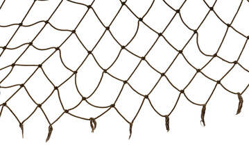 Football or tennis net. Torn rope mesh with holes on a white background close-up.