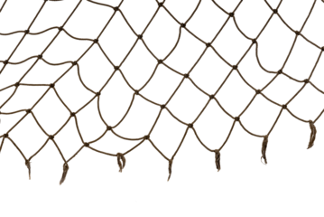 Football or tennis net. Torn rope mesh with holes on a white background close-up.