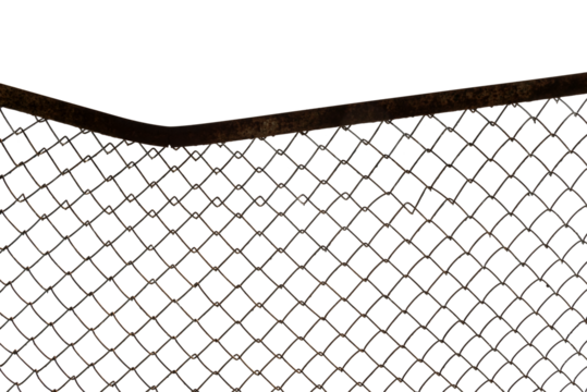 The texture of the metal mesh. Torn, destroyed, broken metal mesh on a white background