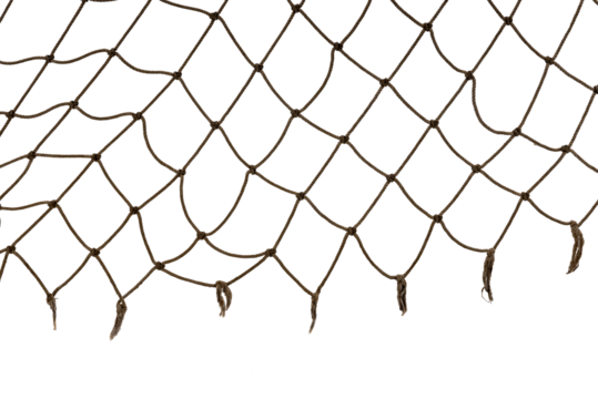 Football or tennis net. Torn rope mesh with holes on a white background close-up.