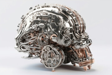 Steel skull with a mechanism, isolate on a white background. AI generated.