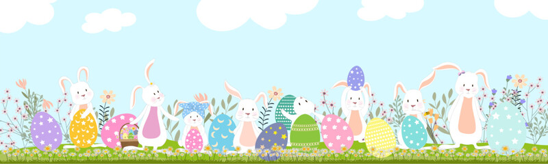 Easter background,Spring field and Blue sky landscape with Bunny hunting Easter eggs,Vector Cute cartoon Rabbits in grass field. Spring or Summer time banner with copy space for Easter greeting card