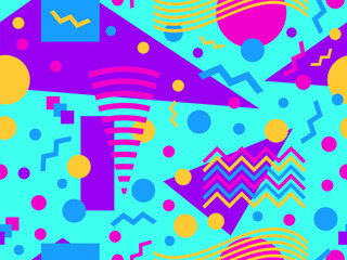 Seamless geometric pattern in 80s memphis style. Colorful geometric shapes. Design of promotional products, wrapping paper and printing. Vector illustration
