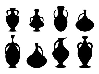 Black amphorae set isolated on white background. Amphora silhouettes. Ancient greek jars and amphorae. Design of amphora for posters, banners and promotional items. Vector illustration