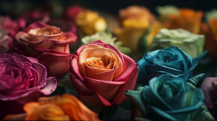 Close up of colorful roses on dark background,generative ai